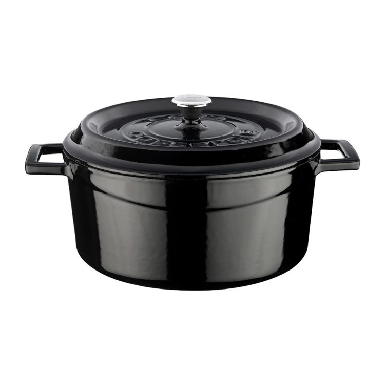 Ikona apo Cast iron κατσαρόλα, μαύρη, φ24cm, σμάλτο 3 στρώσεων, 2 ψησίματα, 5.8kg, με καπάκι & πόμολο, LAVA